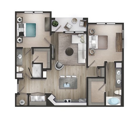 Floor plan for 2 beds, 2 baths, 1108 sqft